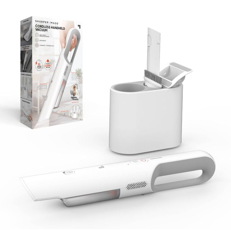 Sharper Image Handheld Vacuum with High-Speed 120W Brushless Motor, Cordless White: Portable, Bagless, HEPA Filter, Multi-Surface