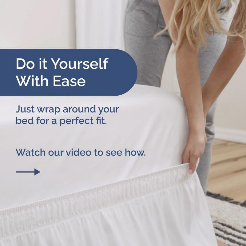 CGK Linens Elastic Wrap-Around Dust Ruffled Bed Skirt - Easy Fit with Pleated 12" Drop in White, Size Queen