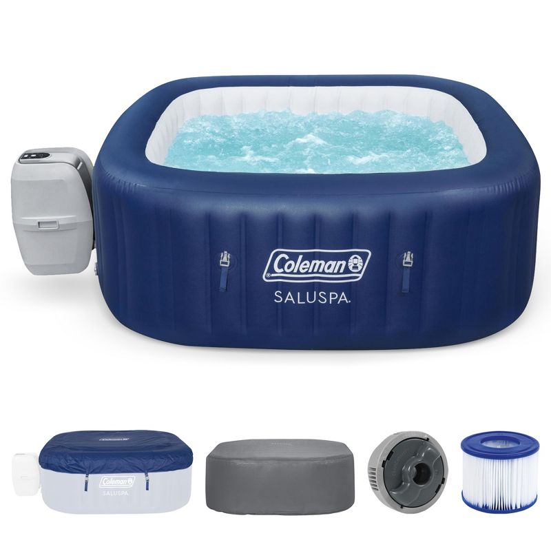 Coleman SaluSpa Atlantis AirJet 4 to 6 Person Inflatable Hot Tub Square Portable Outdoor Spa with 140 Soothing Jets with Cover, Blue