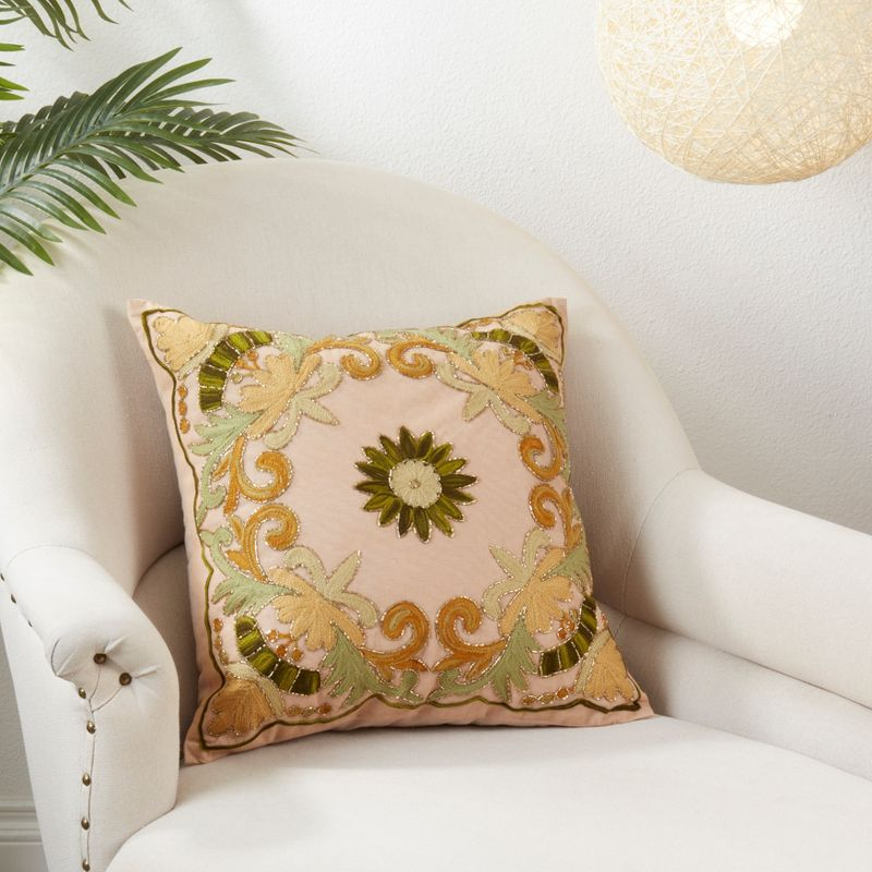 Saro Lifestyle Embroidered Floral Design Beaded Cotton Poly Filled Throw Pillow, Green, 18" x 18"