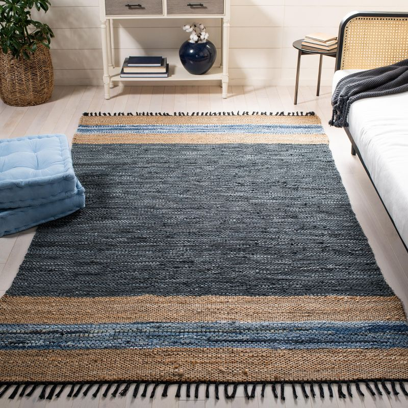 Vintage Leather W/ Fringes VTL602 Hand Woven Indoor Area Rug - Blue/Natural - 8'x10' - Safavieh