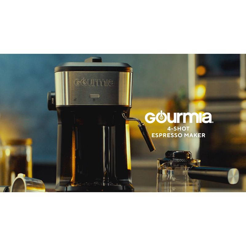 Gourmia 4-Shot Steam Espresso, Cappuccino, and Latte Maker with Frothing Wand: 1.5L Capacity, 1500W Electric