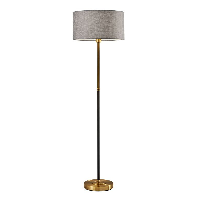 59" 3-way Bergen Floor Lamp Black - Adesso: Mid-Century, Antique Brass Mix, Gray Shade