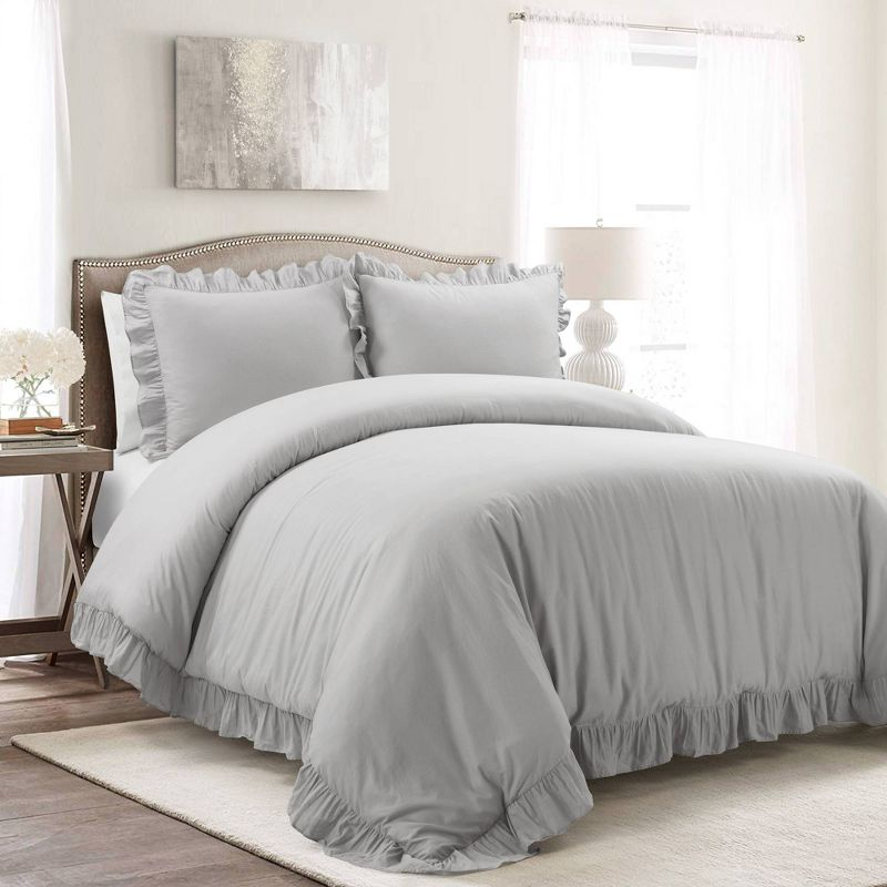 Lush Décor 3pc Full/Queen Reyna 100% Cotton Duvet Cover Set Light Gray: Chic Bedding with Ruffles, No Closure Design