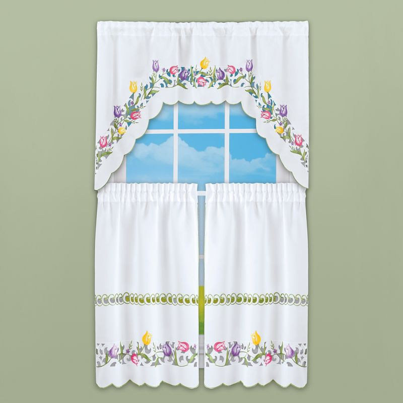 Collections Etc Embroidered Tulips Café Kitchen Curtains 36"L Tiers