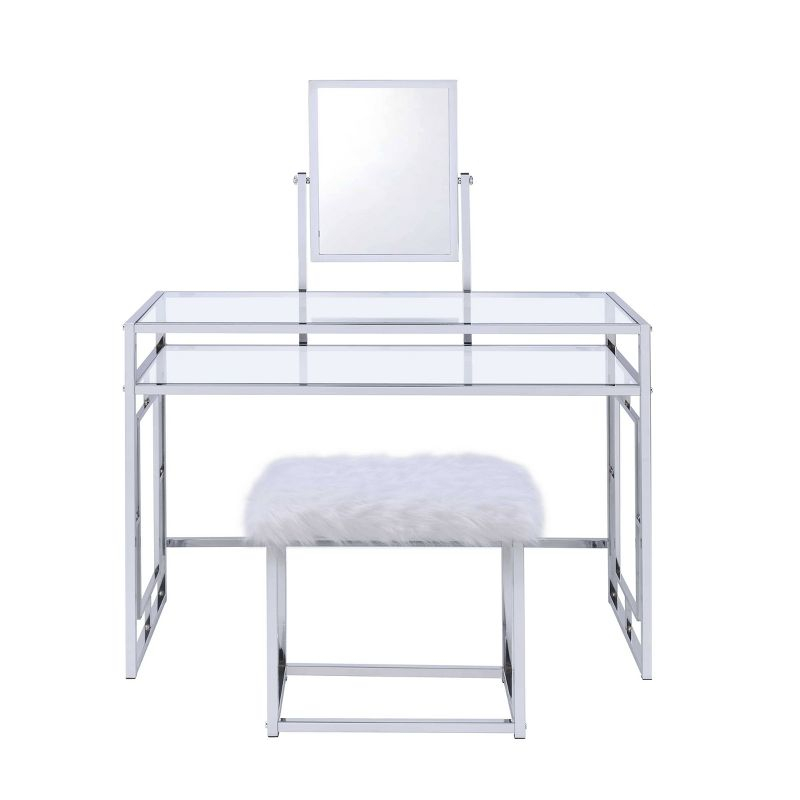 Acme Furniture Carenze Ii Vanity Table White Faux Fur/Chrome Finish