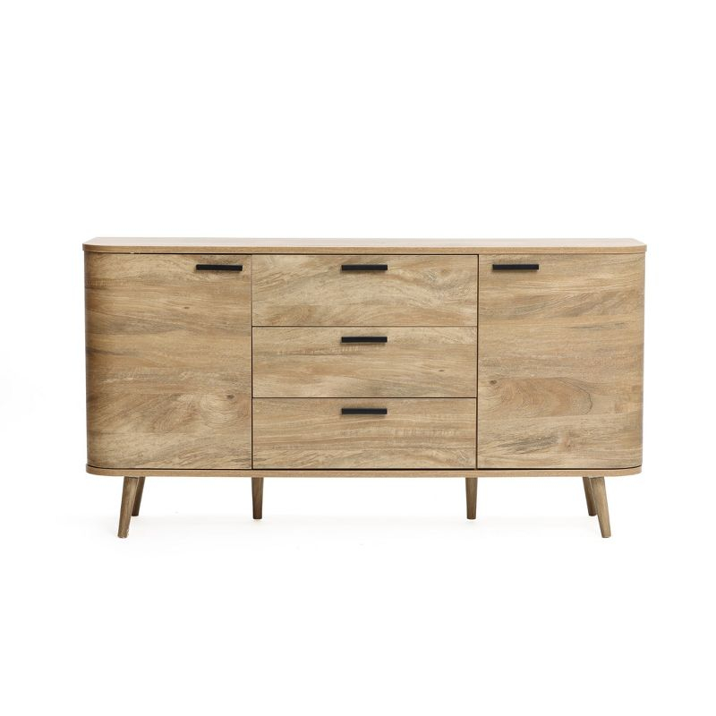 LuxenHome Sideboard Buffet Cabinet with Storage, 59'' Wide Natural Oak Manufactured Wood Accent Console Cabinet with 2-Door and 3-Drawer