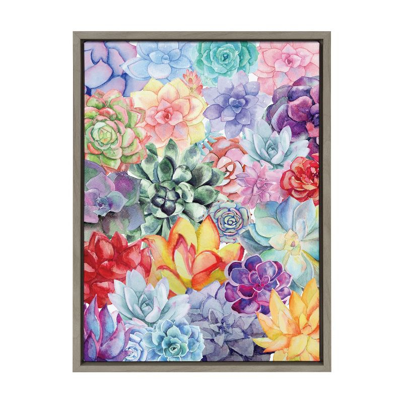Kate and Laurel Sylvie Colorful Succulents Framed Canvas by Maja Mitrovic of Makes My Day Happy, 18x24, Gray
