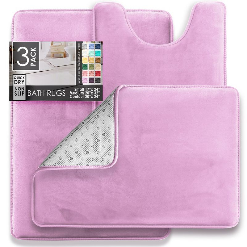 Hearth & Harbor 3 Piece Bathroom Rugs Bath Mat Set, Non-Slip Velvet Memory Foam Bath Mats, Lavender Dream