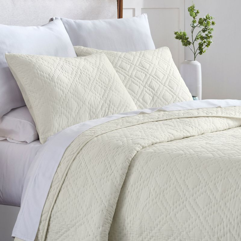 Luxury 100% Cotton Quilt Set, Hand-Quilted, Pre-Softened, Diamond Pattern by California Design Den - Creamy Ivory, King