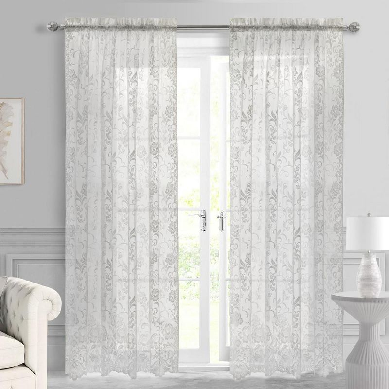Habitat Limoges Sheer Rod Pocket Timeless and Naturalistic Floral Designs Curtain Panel 55" x 84" White