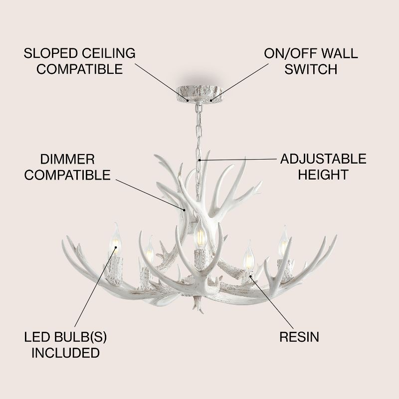 JONATHAN Y Eldora 30" Adjustable Resin Antler 5-Light LED Chandelier, White