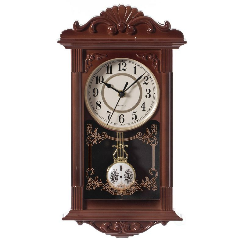 Clockswise Vintage Grandfather Wood-Looking Plastic Pendulum Decorative Battery-Operated Wall Clock, for Home Decor, Brown