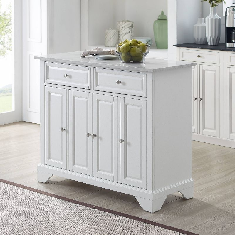 Avery Kitchen Island/Cart Distressed White/White Marble - Crosley: Adjustable Shelves, Particle Board Frame, 6 Shelves, 2 Drawers
