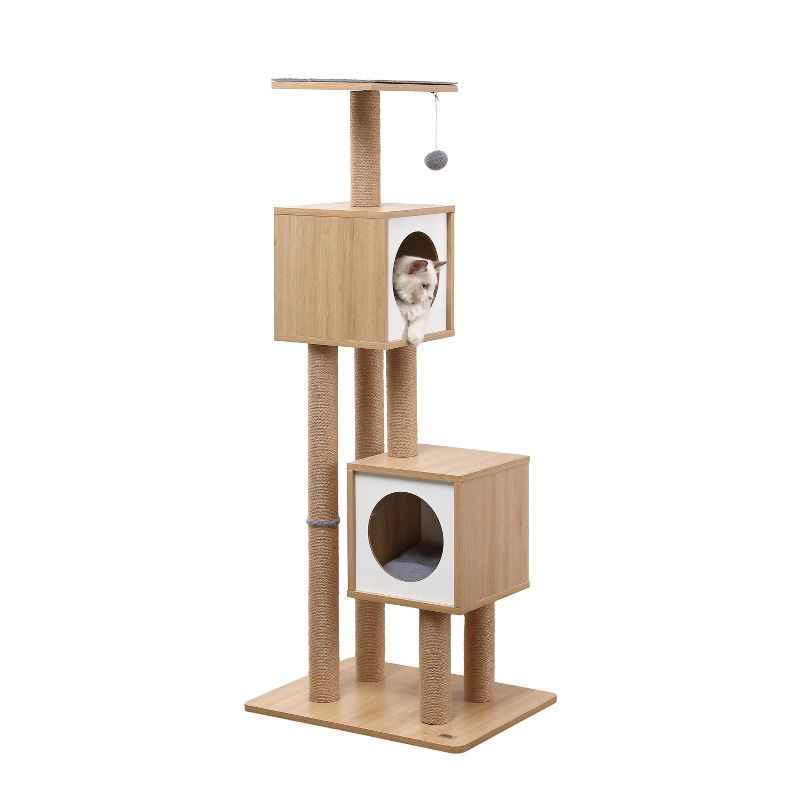 Sawyer 56" 3-Tier Minimalist Jute Cat Tree Condo with Scratching posts, and Fuzzy Toy, Brown/White