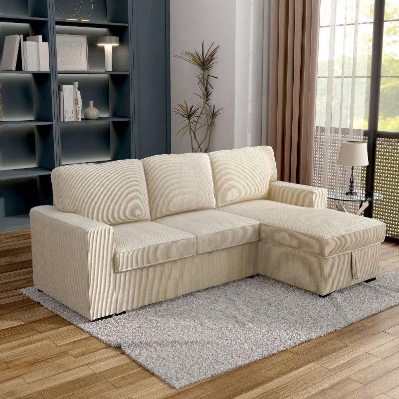 HOMES: Inside + Out Paeke Sleeper Sectional Sofa Corduroy with Storage Chaise and Reversible Beige