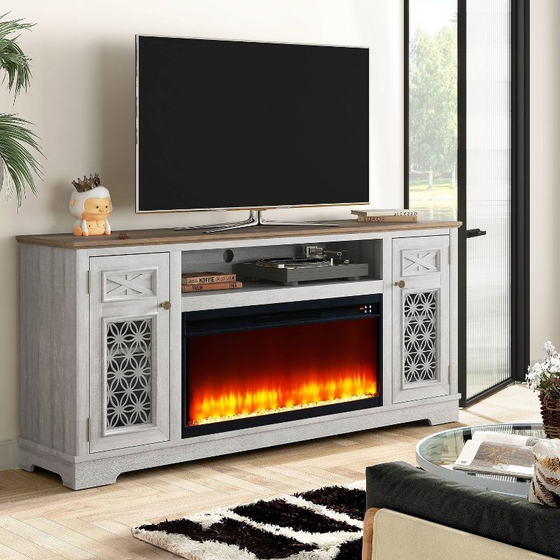 Festivo Farmhouse 70" TV Stand for TVs up to 80" with Fireplace Saw Cut Off White