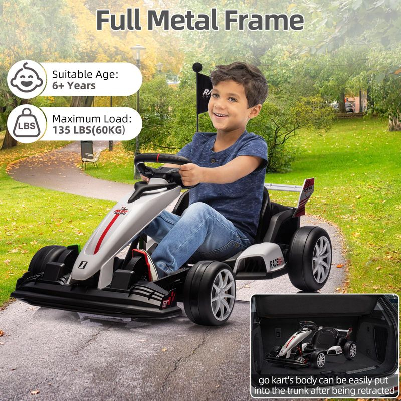 24V Kids Ride on Go Kart, 7.5mph Variable High Speed Drifting Car, 7ah Battery 200W*2 Motors, Power Display Racing Toy for for 6+, White
