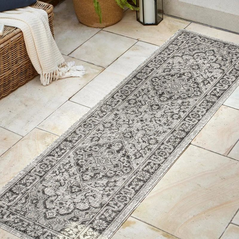 2'x8' Rozetta Boho Medallion Textured Weave Indoor/Outdoor Runner Rug, Gray/Black - JONATHAN Y