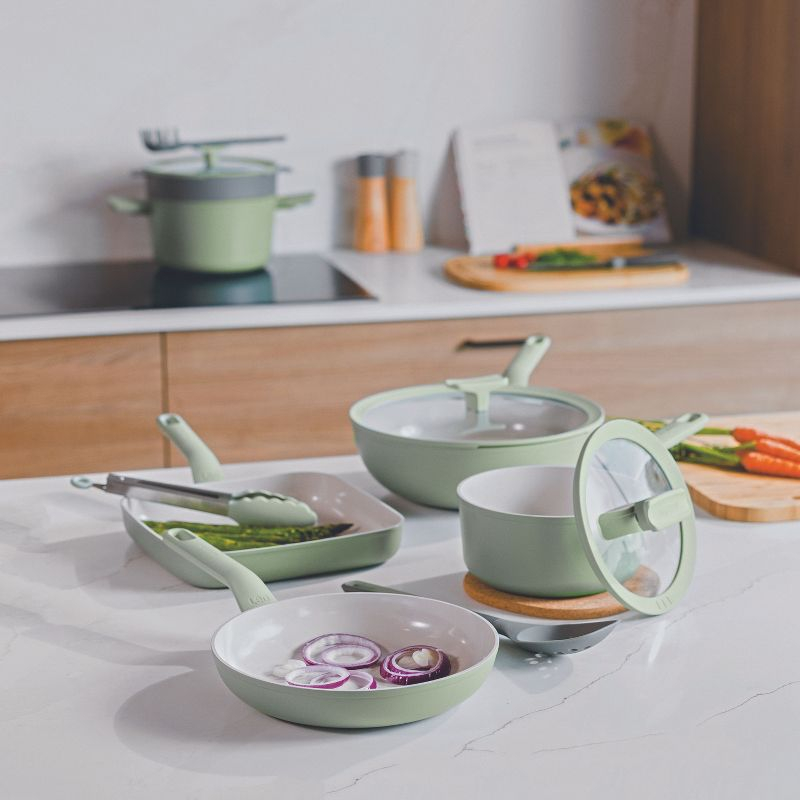 BergHOFF Balance Non-stick Ceramic 2Pc Frying Pan 9.5" and Nylon Turner 13.75", Recycled Aluminum, Sage