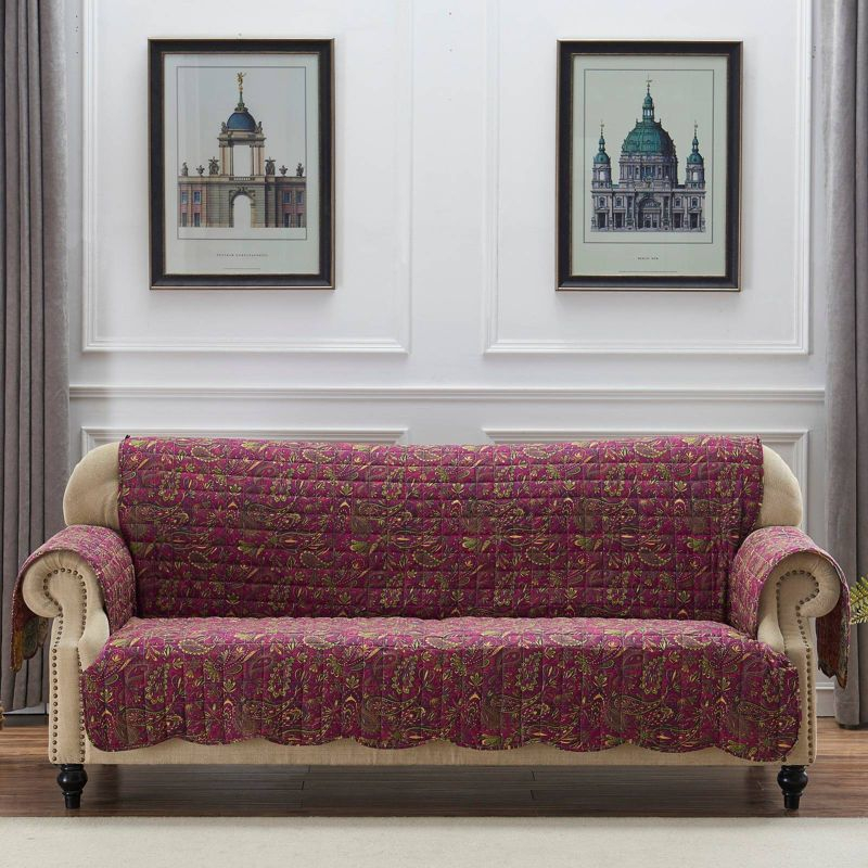 Reversible Paisley Slumber Sofa Furniture Protector Slipcover Purple - Greenland Home Fashions: Elastic Strap, Machine Washable