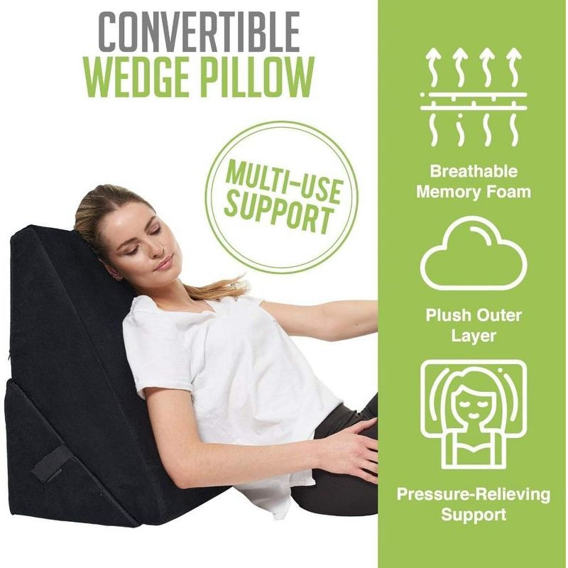 Allsett Health Wedge Pillow - Adjustable 9&12 Inch Memory Foam Cushion for Legs and Back Support - Acid Reflux, and GERD - Machine Washable - Black