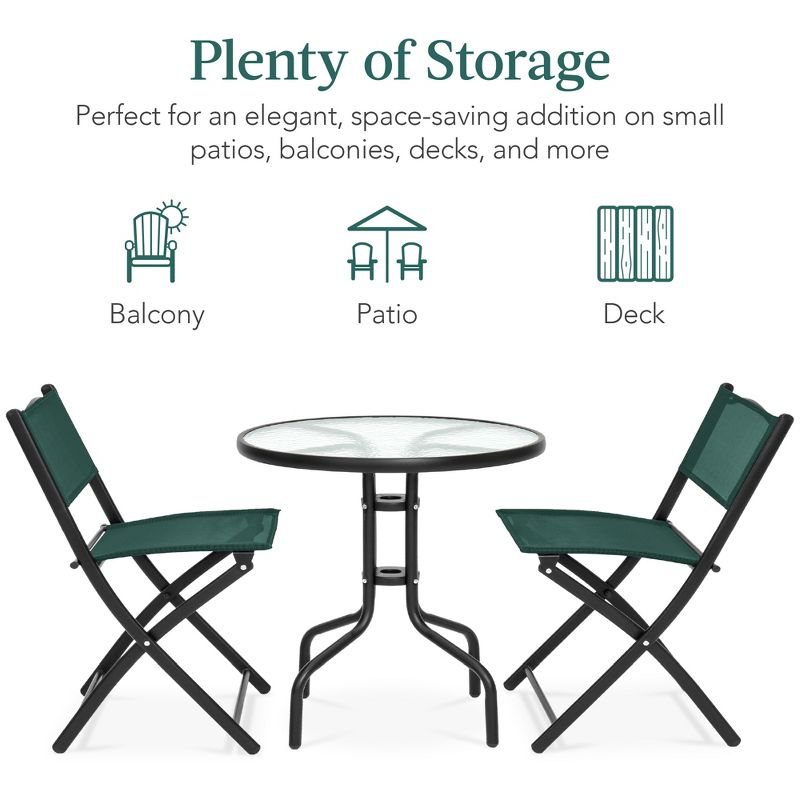 Best Choice Products 3-Piece Patio Bistro Dining Furniture Set w/ Glass Tabletop, Folding Chairs - Dark Green