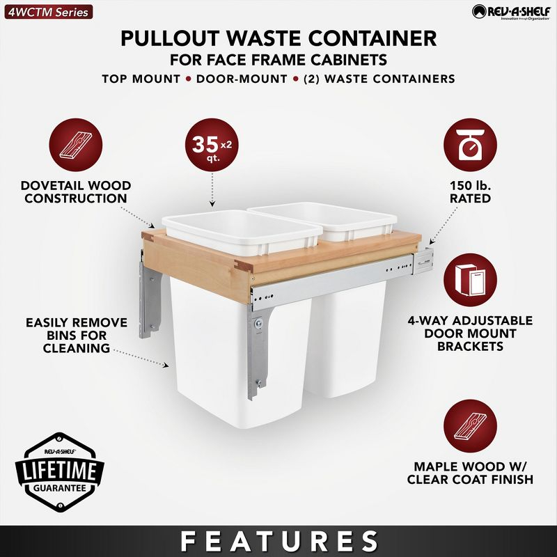 Rev-A-Shelf Double Pullout Trash Can for Base Kitchen/ Bathroom Cabinets, 35 Qt Wood Top Mount Garbage Bin, 18" x 1.5" Face-Frame, White, 4WCTM-21DM2