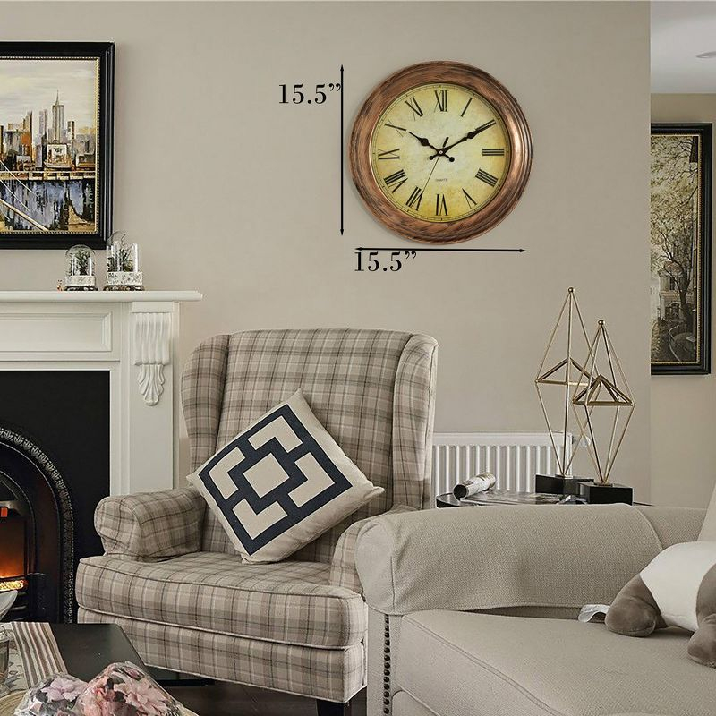 Clockswise 15.5 in Wall Clock for Home Kitchen Living/Dining Room Office Over Fireplace Decor, Easy to Read, Rustic Bronze, Non-Ticking Roman Numerals