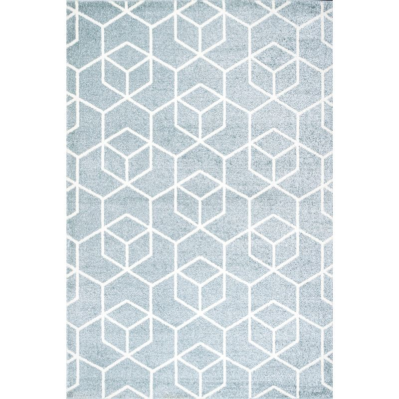5'x8' Tumbling Blocks Modern Geometric Area Rug, Light Blue/White - JONATHAN Y