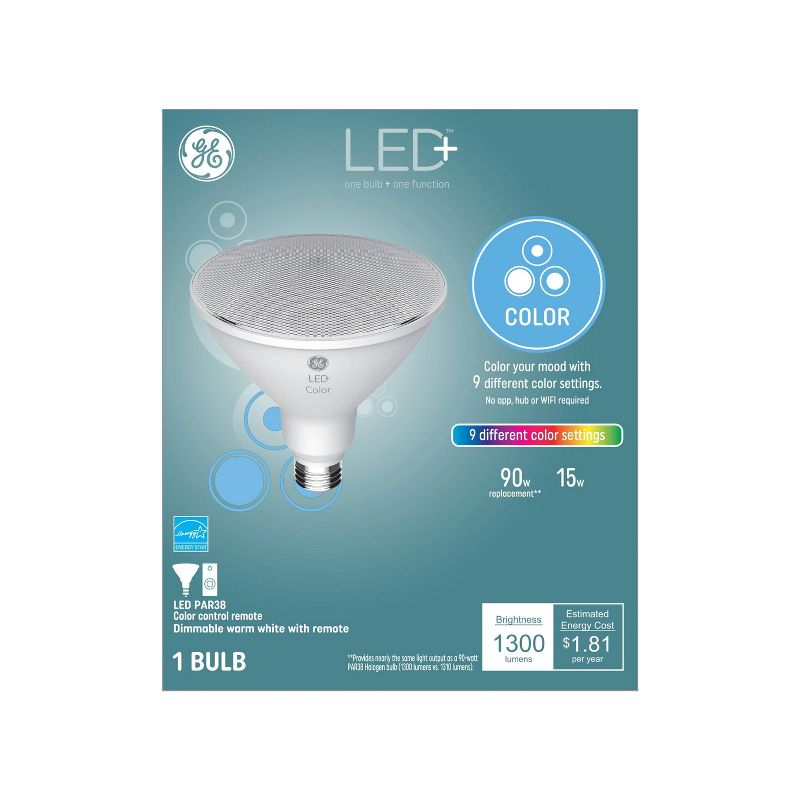 GE LED Color Changing PAR38 LED Outdoor Floodlight Bulb: Multicolored, 1300 Lumens, Energy Star, E26 Base, 15W
