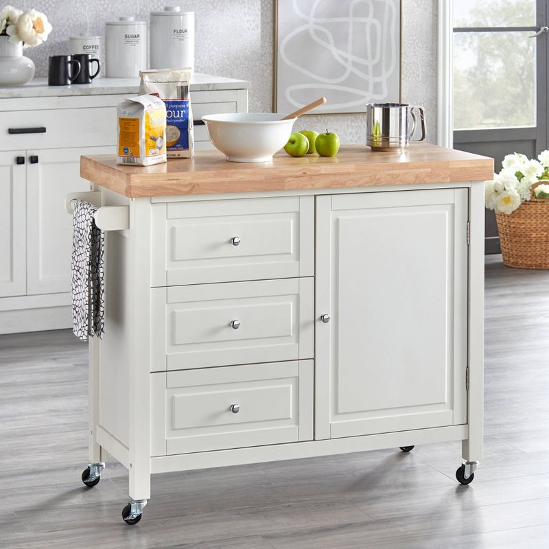 Buylateral Monterey Kitchen Cart White: Rubberwood Serving Cart with Towel Bar & Locking Wheels
