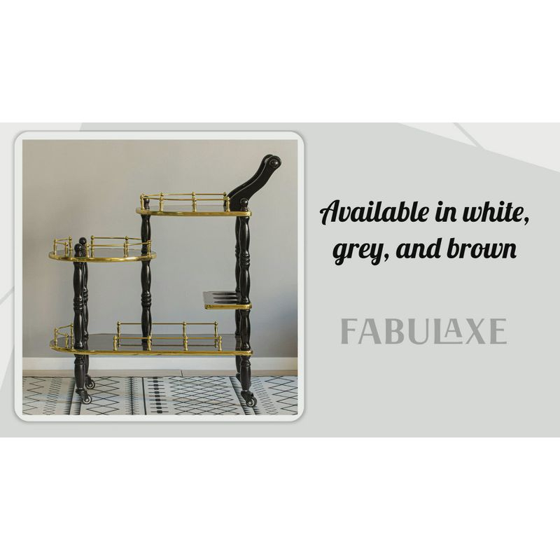 Fabulaxe Wood Serving Bar Cart Tea Trolley with 3 Tier Shelves and Rolling Wheels, Silver, White and Gray