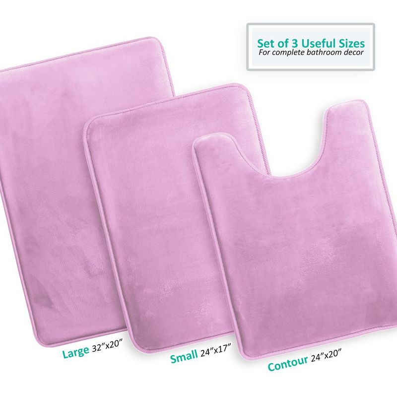 Hearth & Harbor 3 Piece Bathroom Rugs Bath Mat Set, Non-Slip Velvet Memory Foam Bath Mats, Lavender Dream