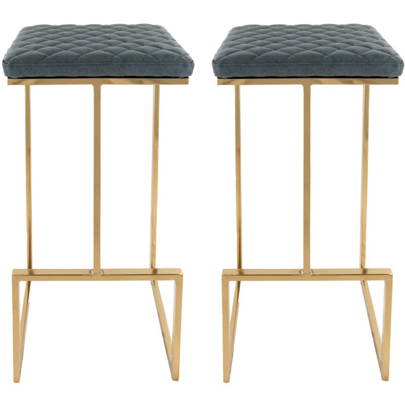 LeisureMod Quincy Modern Quilted Leather Bar Stool – Gold Metal Sled Base Counter Height Chair for Kitchen Island and Counter Seating - Set of 2