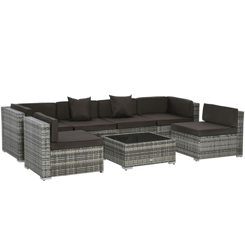 Outsunny 7 Piece Outdoor Patio Furniture Set, PE Rattan Wicker Sectional Sofa Set with Couch Cushions, Pillows, Coffee Table, Charcoal