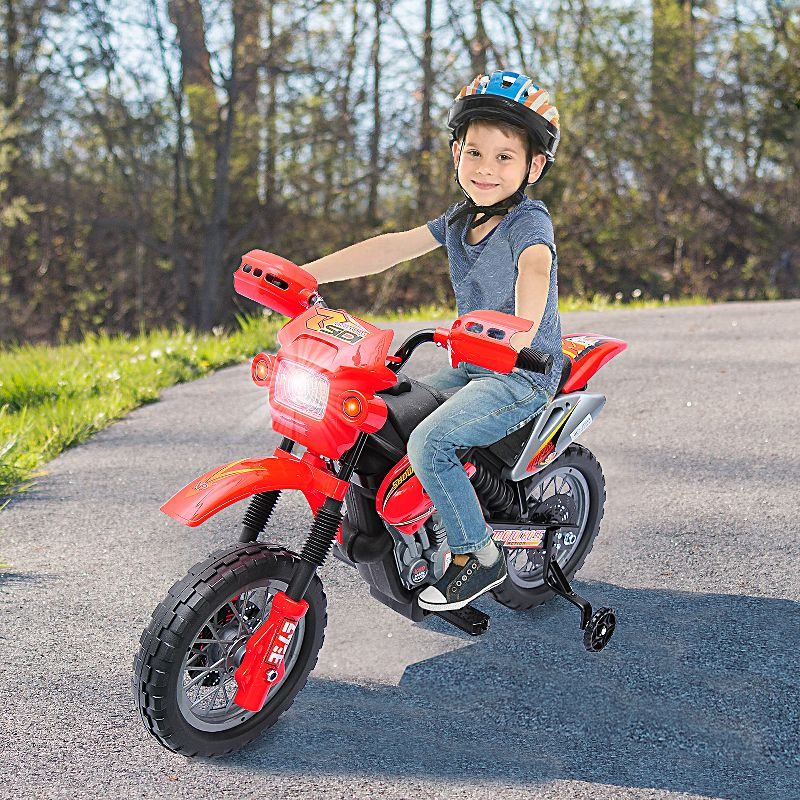 Aosom 6V Kids Motorcycle Dirt Bike, Electric Ride on Toy, Off-road Street Bike with Training Wheels Music Lights, for 5-8 Years, Red