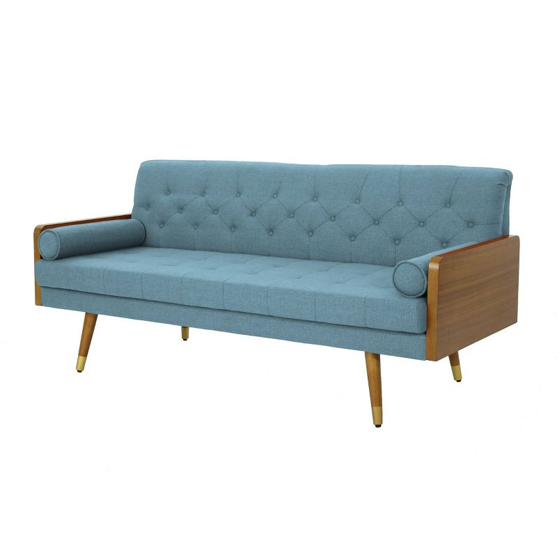 GDFStudio Aidan Mid Century Modern 72.25" Tufted Upholstered 3 Seater Sofa，Blue/Dark Walnut/Gold
