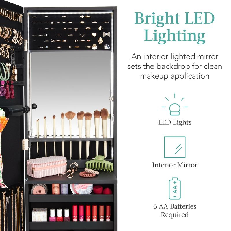 Best Choice Products Hanging Mirror Jewelry Armoire, Door or Wall Mounted Cabinet w/ LED Lights, Lock - Black