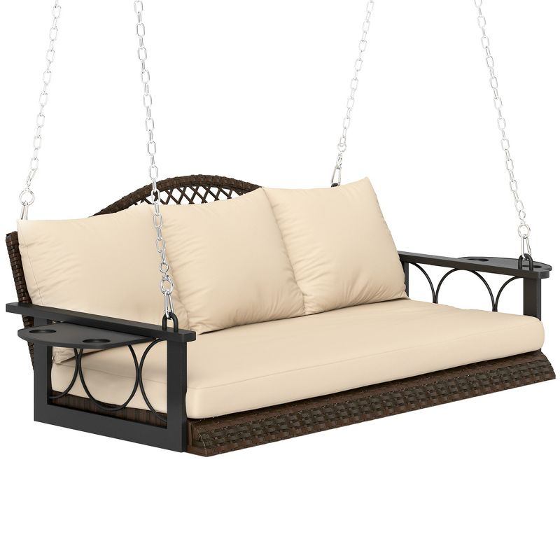 Outsunny 3 Person Outdoor Hanging Wicker Porch Swing Bench with Cup Holders, Cushions, and Chains, 800 LBS Capacity for Garden Backyard, Brown