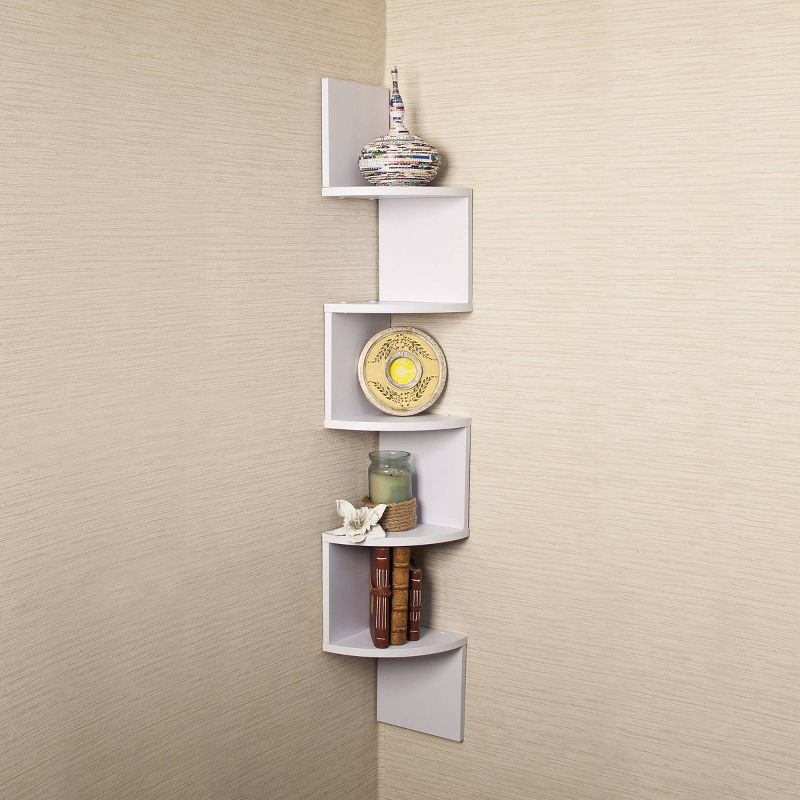 Danya B. 48.5" x 7.7" Corner Zig Zag Decorative Wall Shelf White: Modern Laminated MDF, 5-Tier Storage