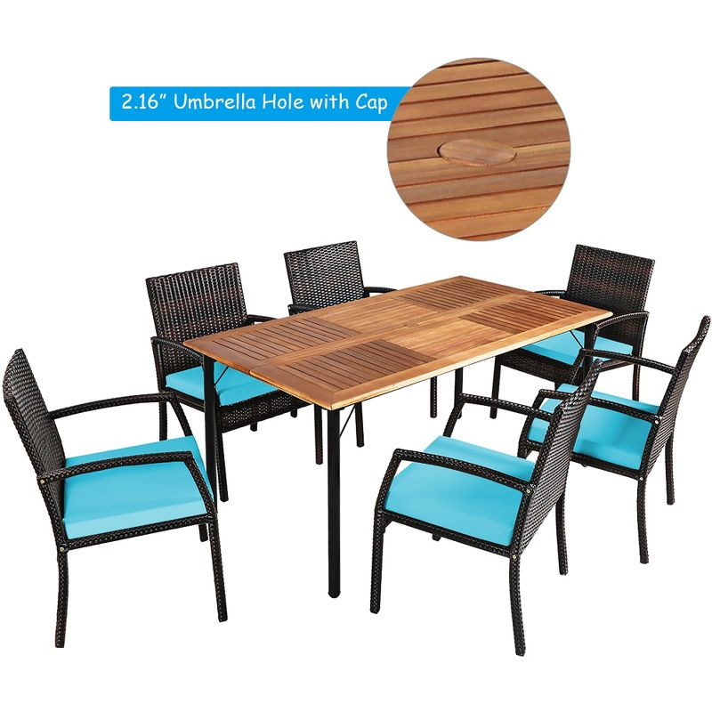 Costway 7PCS Patio Rattan Dining Chair Table Set with Cushion Umbrella Hole Turquoise
