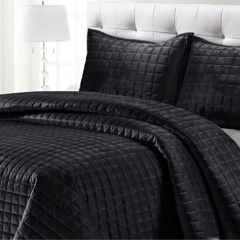 3pc King Florence Velvet Oversized Quilt Set Black  - Tribeca Living