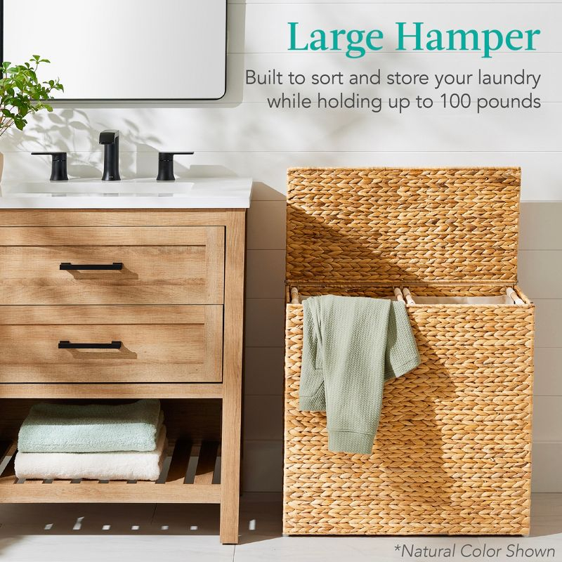 Best Choice Products Large Natural Water Hyacinth Double Laundry Hamper Basket w/ 2 Liner Bags, Handles - White