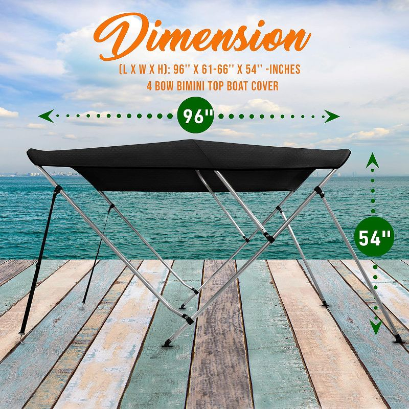 SereneLife 4 Bow Bimini Top Boat Cover - 96" x 61-66" x 54" - Gray