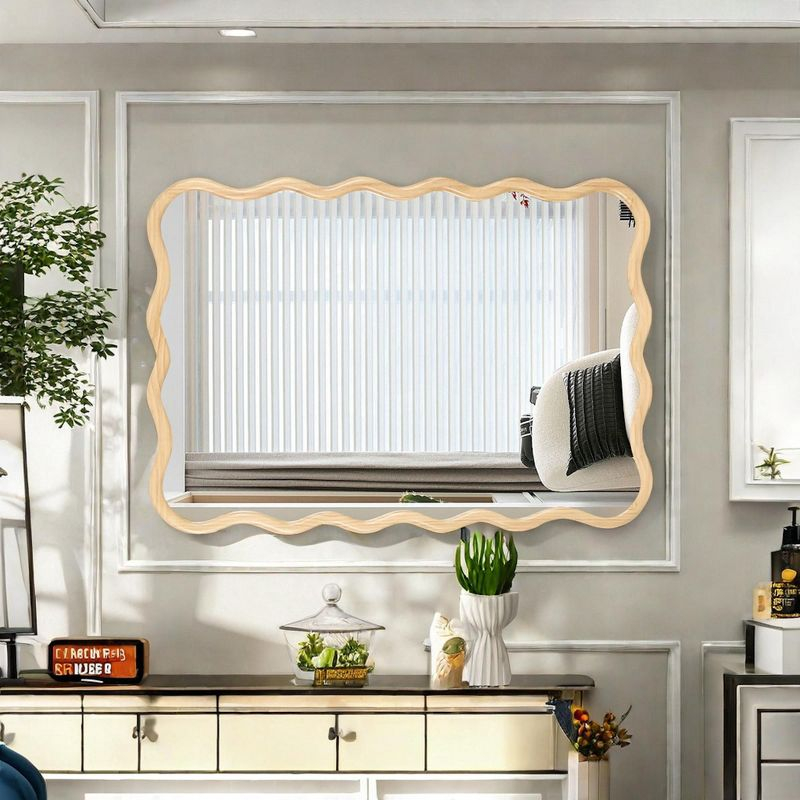 39"Hx28"W Wooden Wavy Mirror Art Decorative Mirrors,Natural Rectangle Mirror,Bedroom Wall Mirror,Sitting Room Mirrors,Entrance Way Mirror-The Pop Home