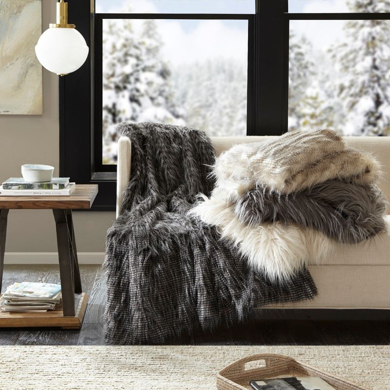 50"x60" Adelaide Faux Fur Throw Blanket Natural - Madison Park: Luxurious, Soft, Hypoallergenic