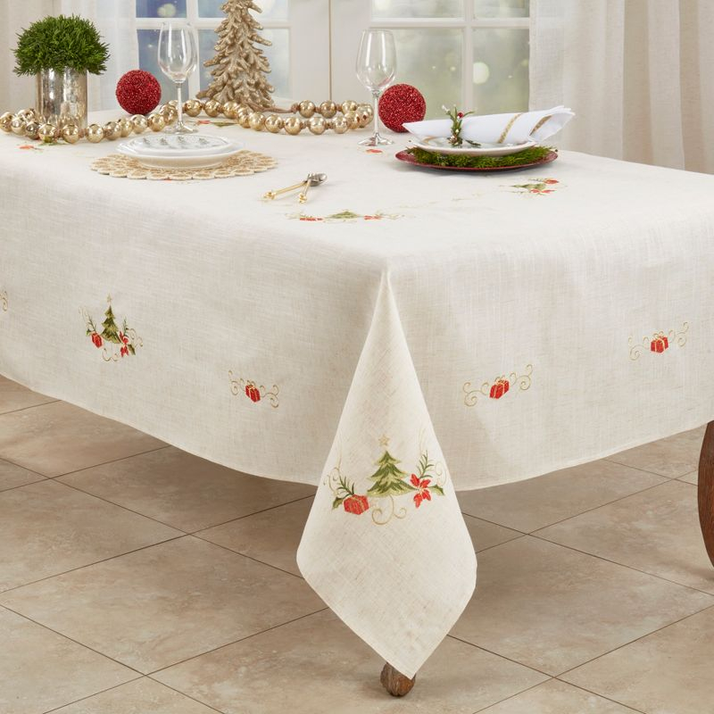 Saro Lifestyle Embroidered Christmas Tree Design Holiday Linen Blend Tablecloth, 67"x180", Beige