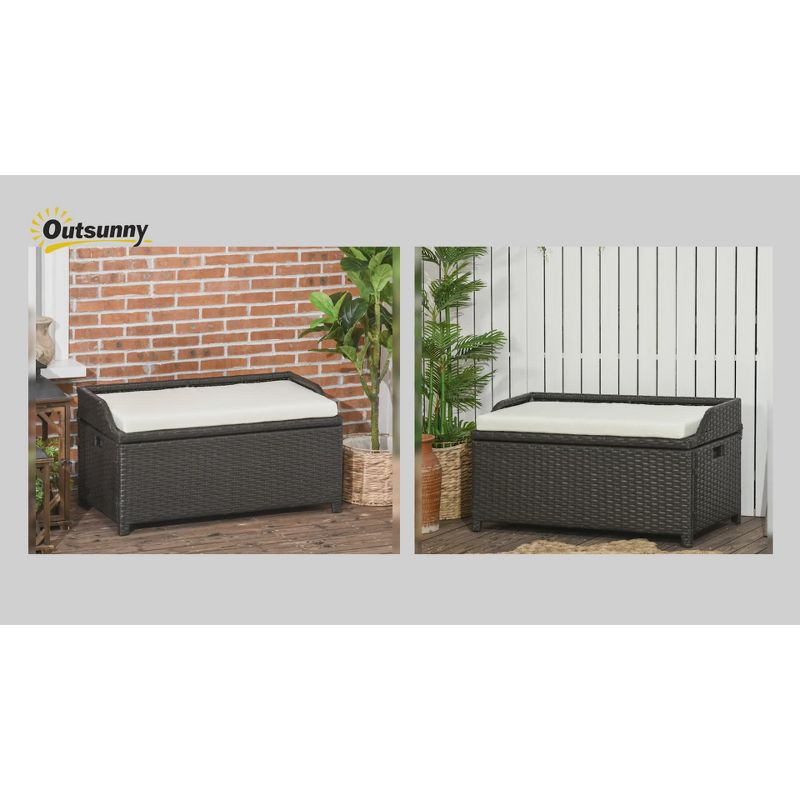 Outsunny Storage Bench Rattan Wicker Garden Deck Box Bin with Interior Waterproof Cloth Bag and Comfortable Cushion, White