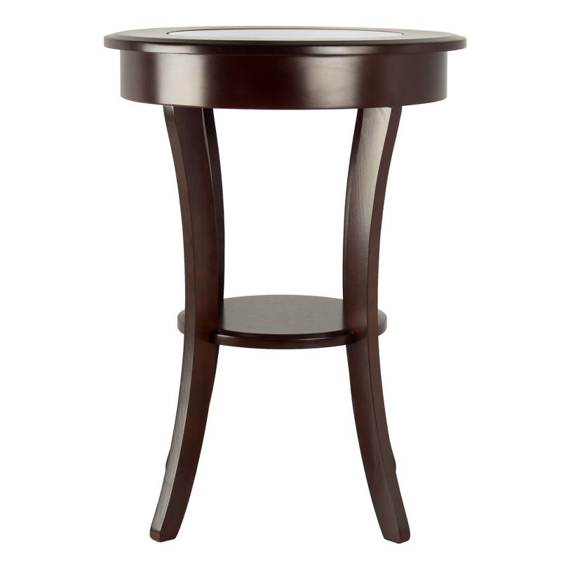 Cassie Round Accent Table with Glass - Cappuccino - Winsome: Flared Legs, Wood Composite Shelf, 27" Height
